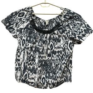 Route 66 Blouse Plus 2X Gray White All Over Print Short Sleeve 100% Cotton